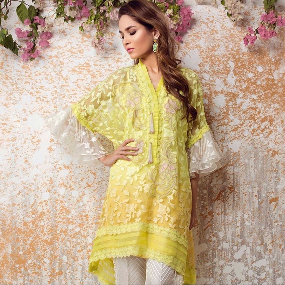Farah Talib Aziz Yellow Embroidered Organza Shirt and Slip with floral beadwork